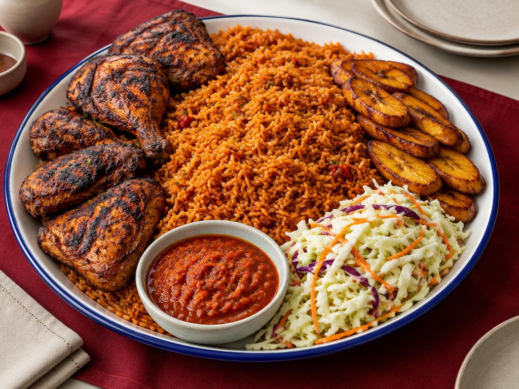 Party jollof rice with grilled chicken and plantain