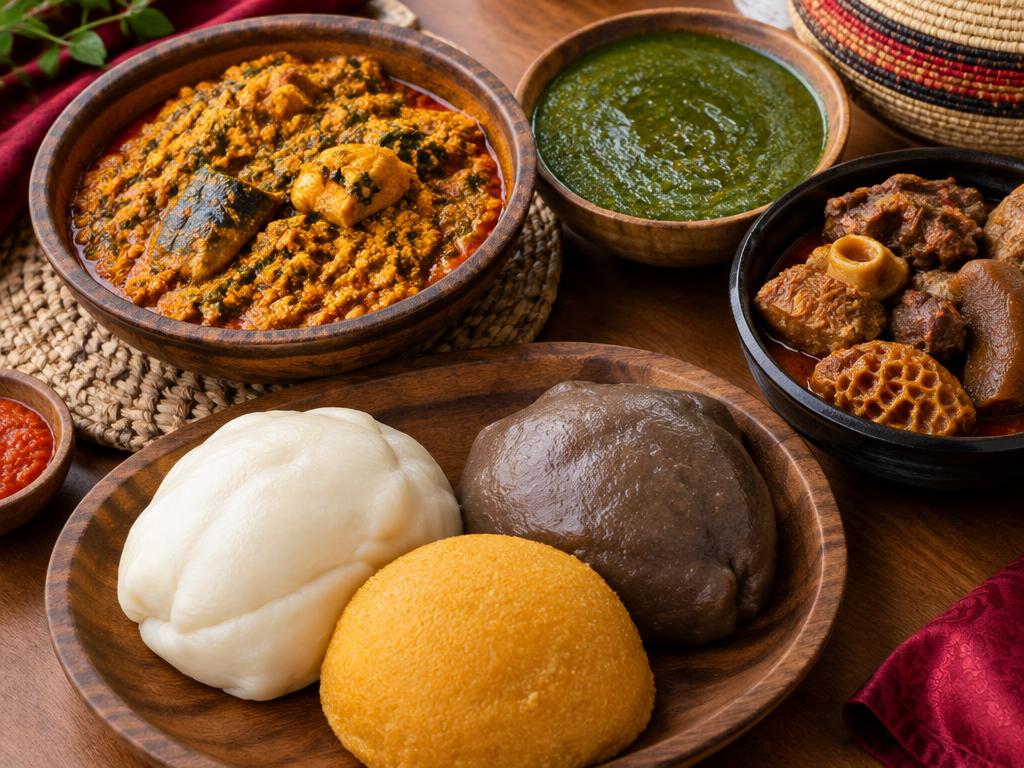 Amala, eba and pounded yam with Nigerian soups